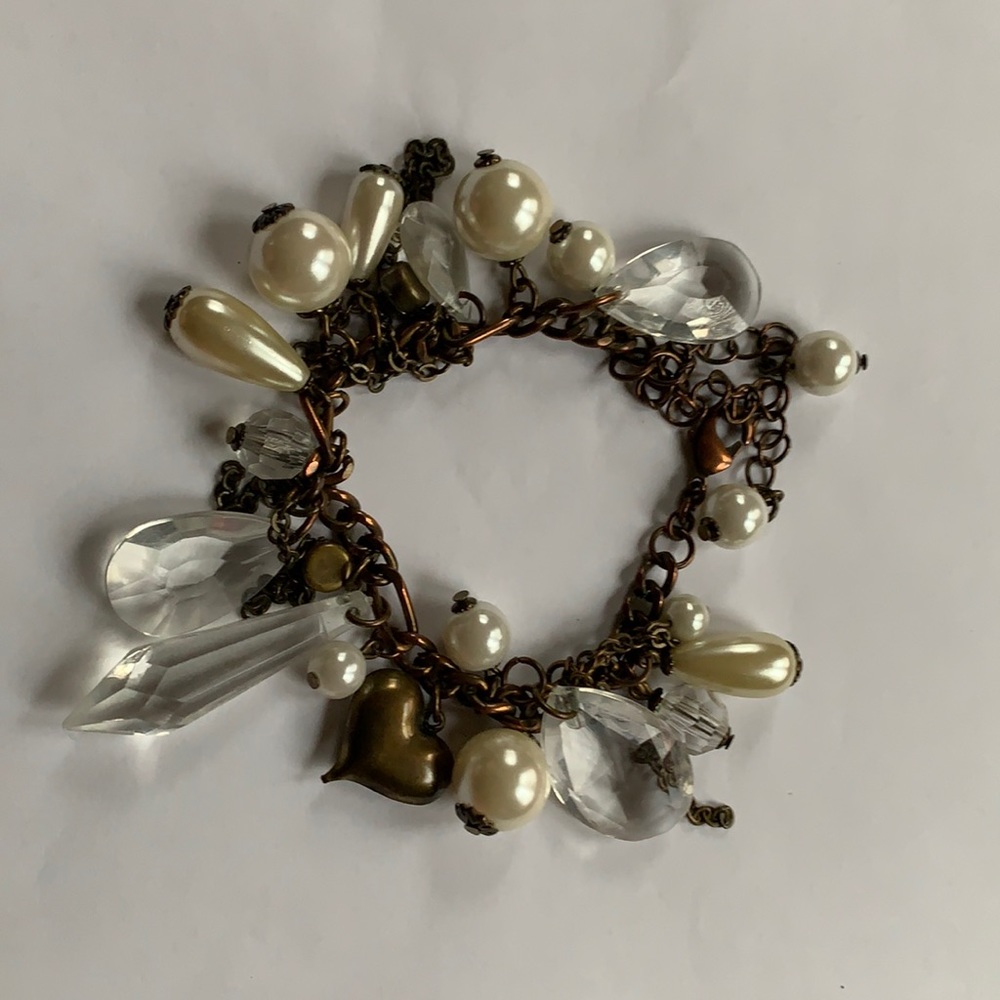 Copper brass pearl and glass charm bracelet